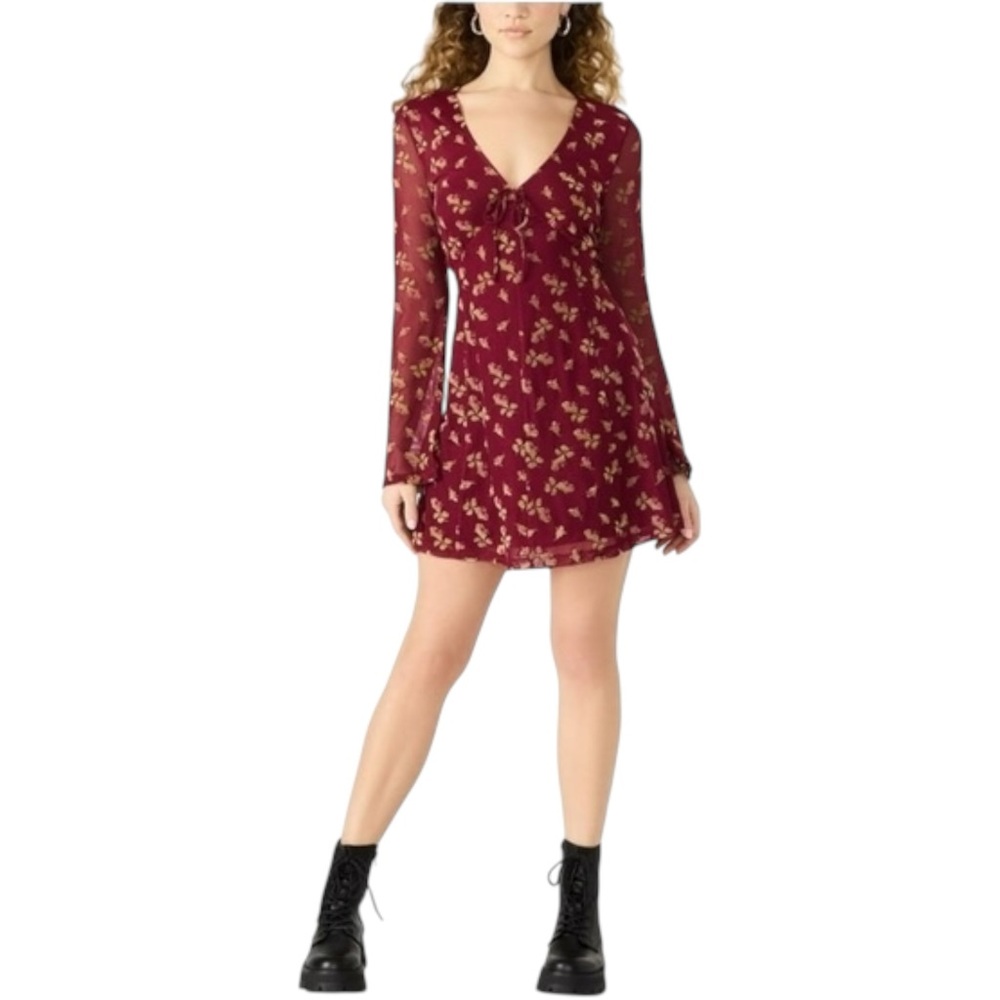 Betsey Johnson Long Bell Sheer Sleeve‎ Babydoll Mini Dress Burgundy Floral XS